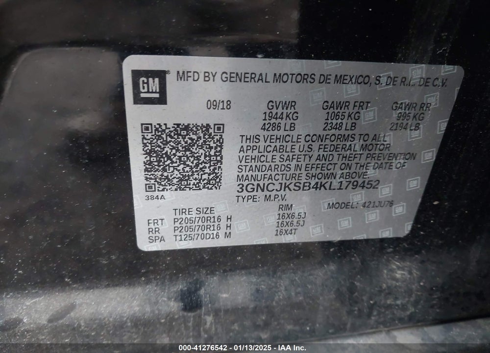2019 CHEVROLET TRAX LS VIN: 3GNCJKSB4KL179452