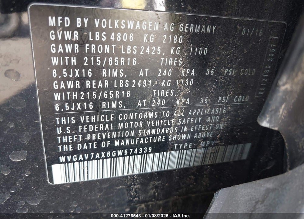 2016 VOLKSWAGEN TIGUAN S VIN: WVGAV7AX6GW574339