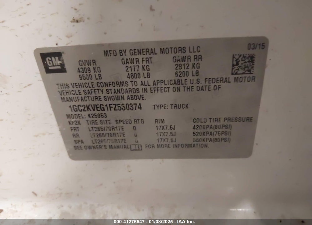 2015 CHEVROLET SILVERADO 2500HD VIN: 1GC2KVEG1FZ530374