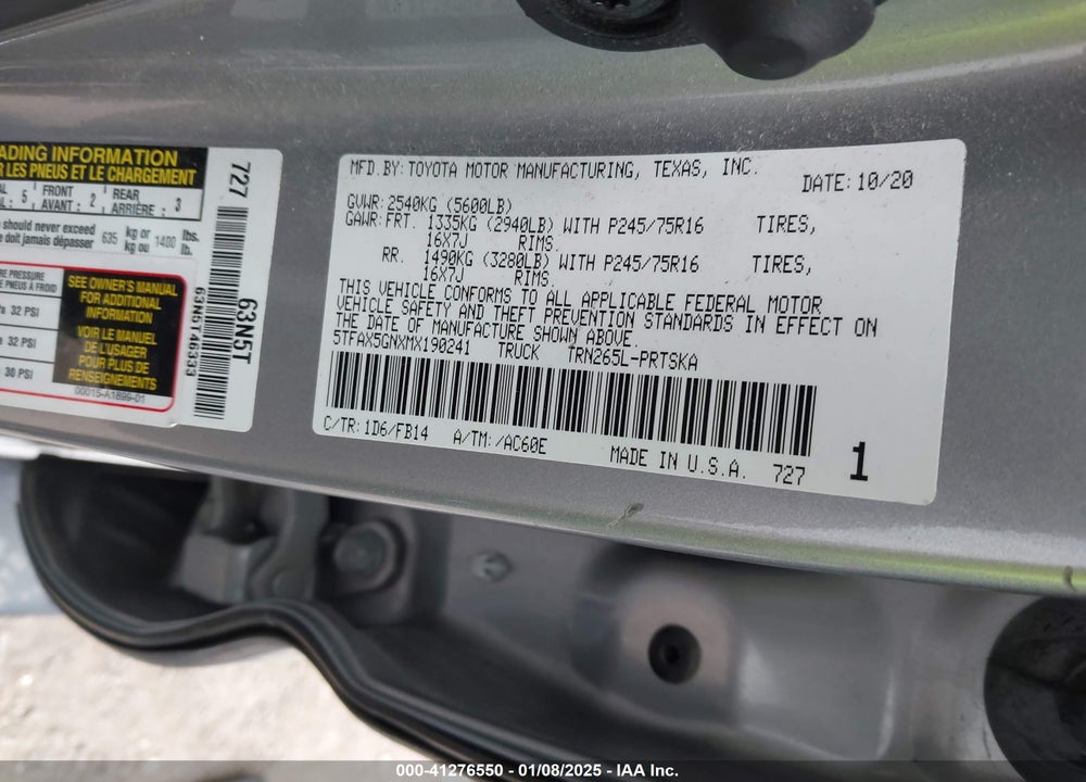2021 TOYOTA TACOMA VIN: 5TFAX5GNXMX190241