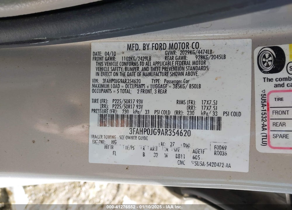 2010 FORD FUSION VIN: 3FAHP0JG9AR354620