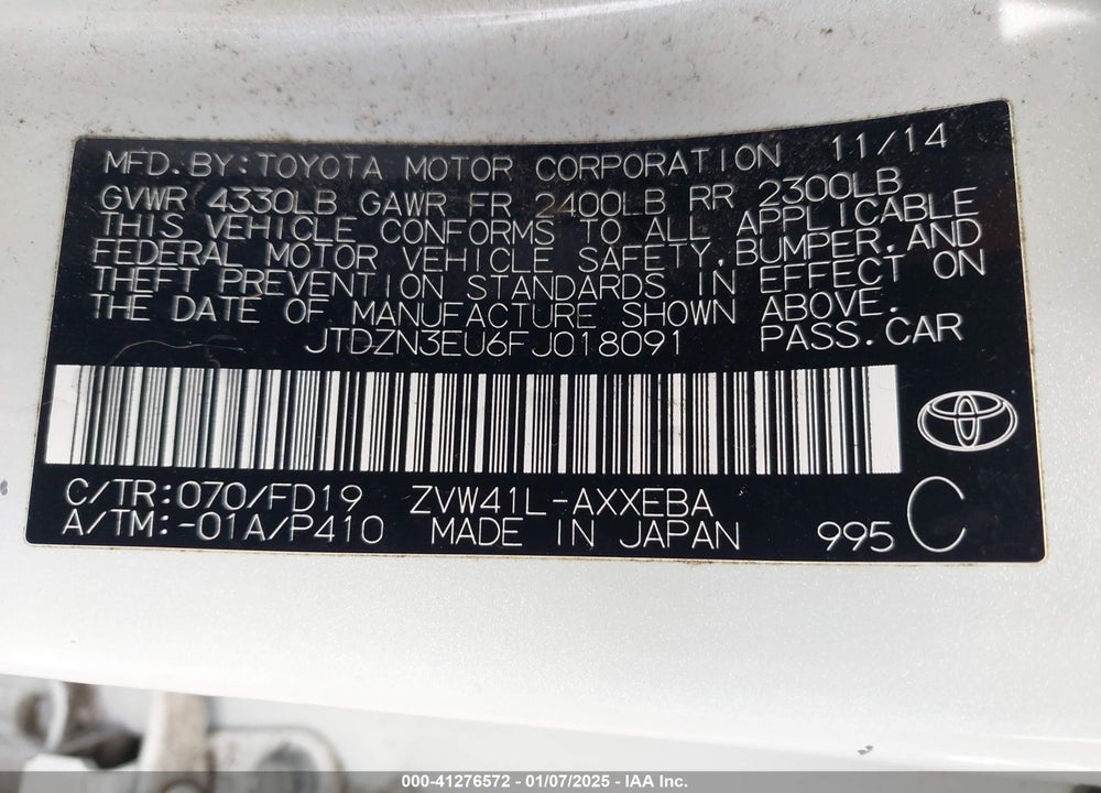2015 TOYOTA PRIUS V THREE VIN: JTDZN3EU6FJ018091