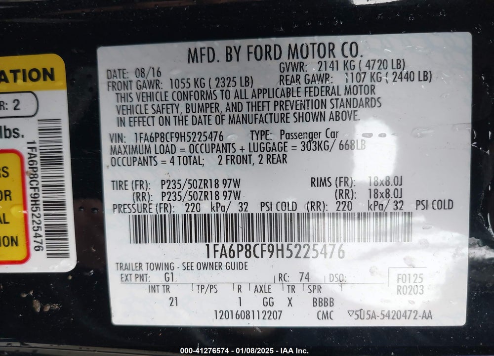 2017 FORD MUSTANG VIN: 1FA6P8CF9H5225476