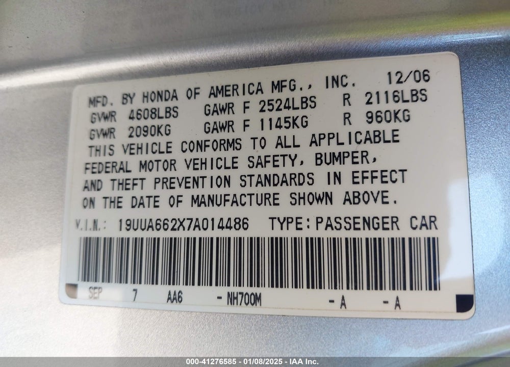 2007 ACURA TL VIN: 19UUA662X7A014486