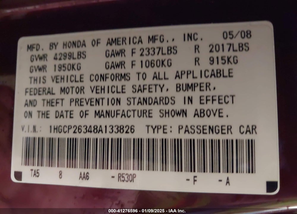 2008 HONDA ACCORD 2.4 LX VIN: 1HGCP26348A133826