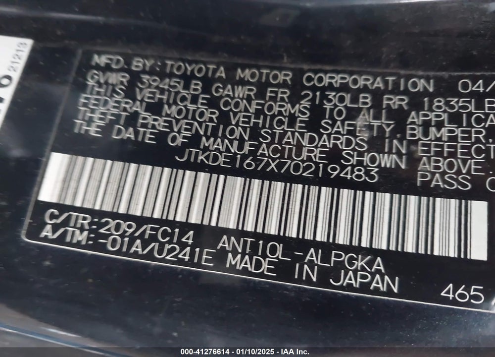 2007 SCION TC VIN: JTKDE167X70219483