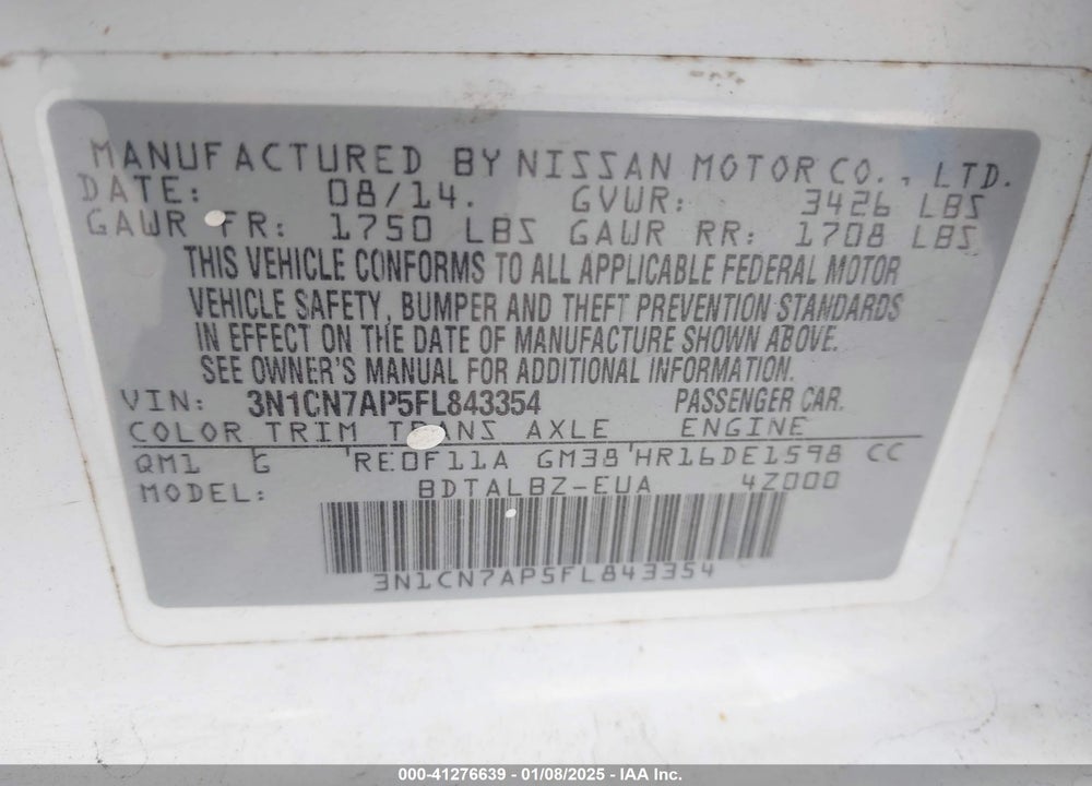 2015 NISSAN VERSA VIN: 3N1CN7AP5FL843354