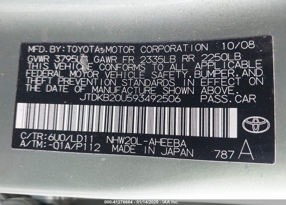 2009 TOYOTA PRIUS VIN: JTDKB20U593492506