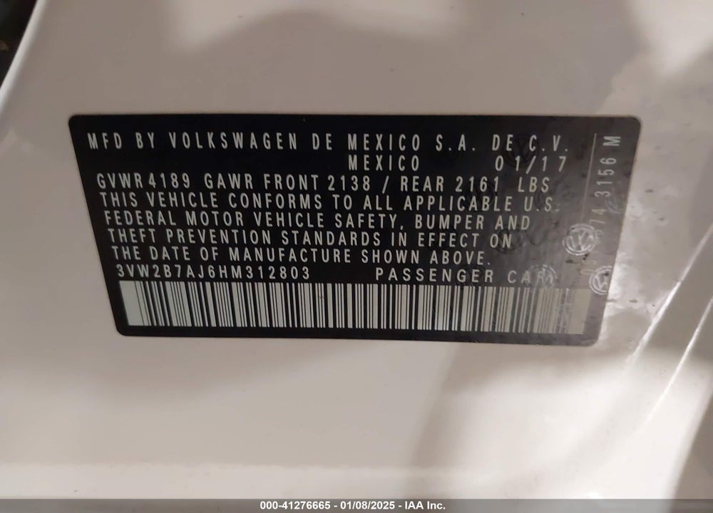 2017 VOLKSWAGEN JETTA VIN: 3VW2B7AJ6HM312803