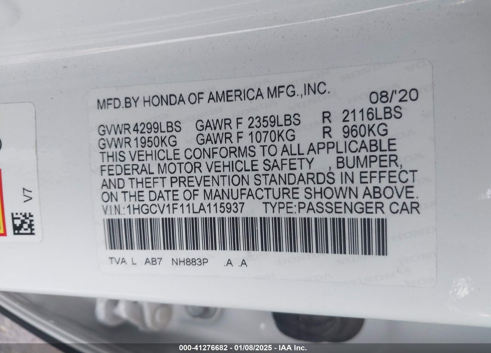 2020 HONDA ACCORD VIN: 1HGCV1F11LA115937