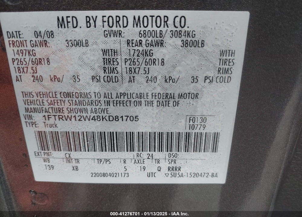 2008 FORD F-150 60TH ANNIVERSARY/FX2/XL/XLT VIN: 1FTRW12W48KD81705