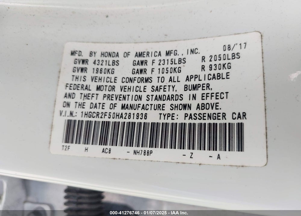 2017 HONDA ACCORD VIN: 1HGCR2F50HA281936