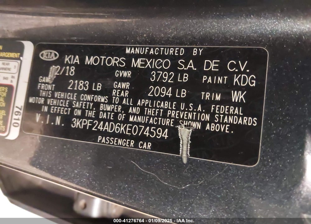 2019 KIA FORTE LXS VIN: 3KPF24AD6KE074594