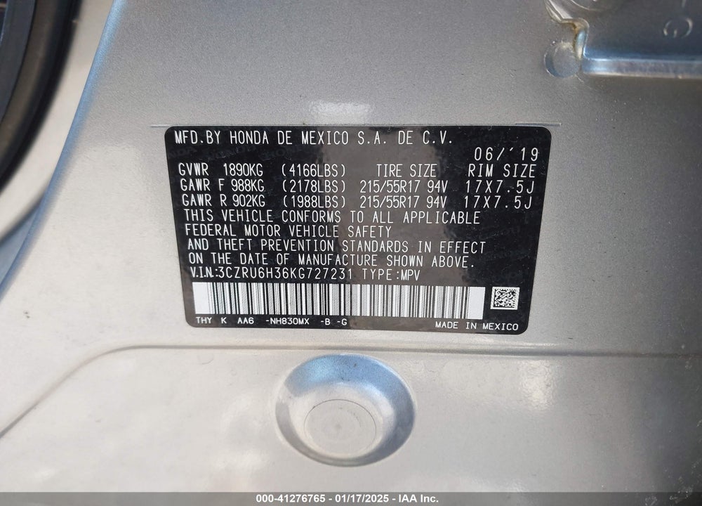 2019 HONDA HR-V LX VIN: 3CZRU6H36KG727231