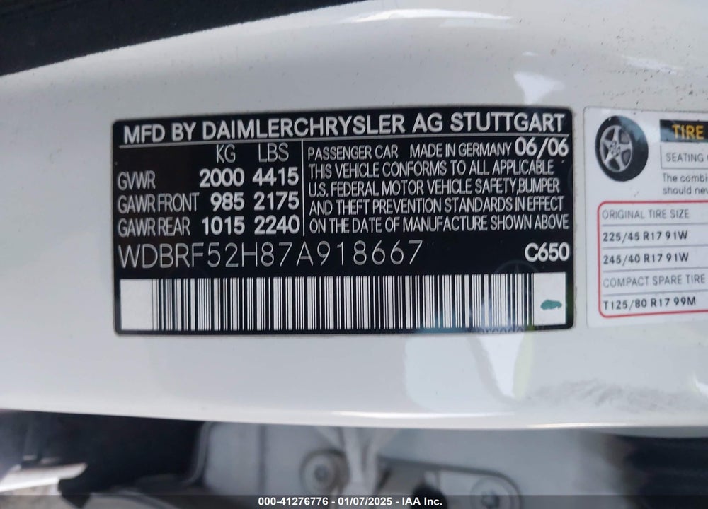 2007 MERCEDES-BENZ C 230 VIN: WDBRF52H87A918667