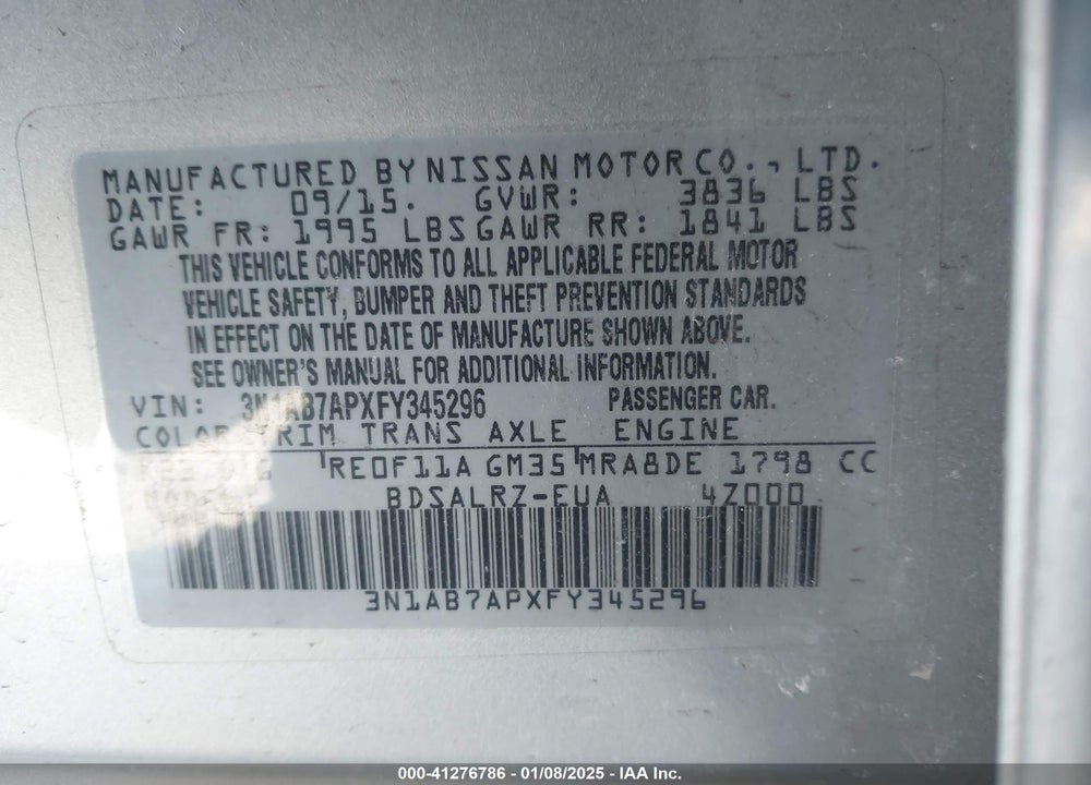 2015 NISSAN SENTRA VIN: 3N1AB7APXFY345296