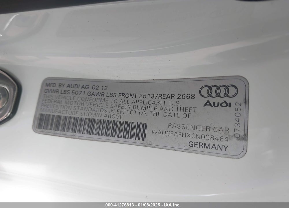 2012 AUDI A5 2.0T PREMIUM VIN: WAUCFAFHXCN008464