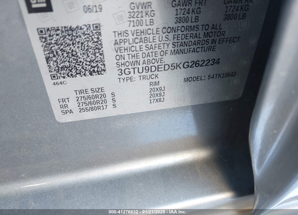 2019 GMC SIERRA 1500 VIN: 3GTU9DED5KG262234