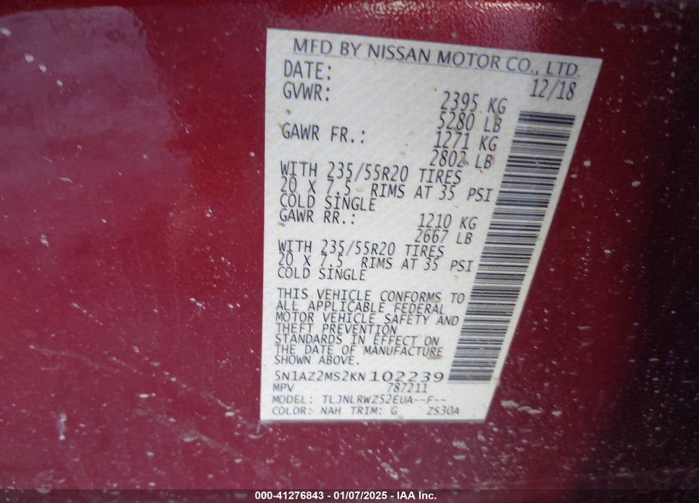 2019 NISSAN MURANO SL VIN: 5N1AZ2MS2KN102239