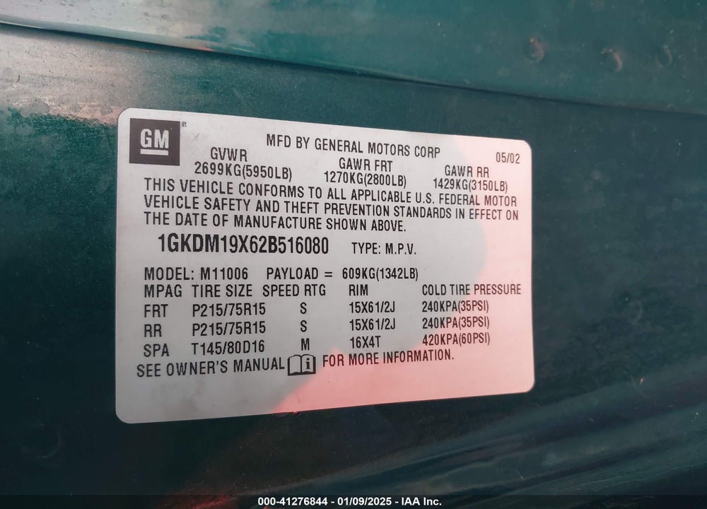2002 GMC SAFARI SLE VIN: 1GKDM19X62B516080