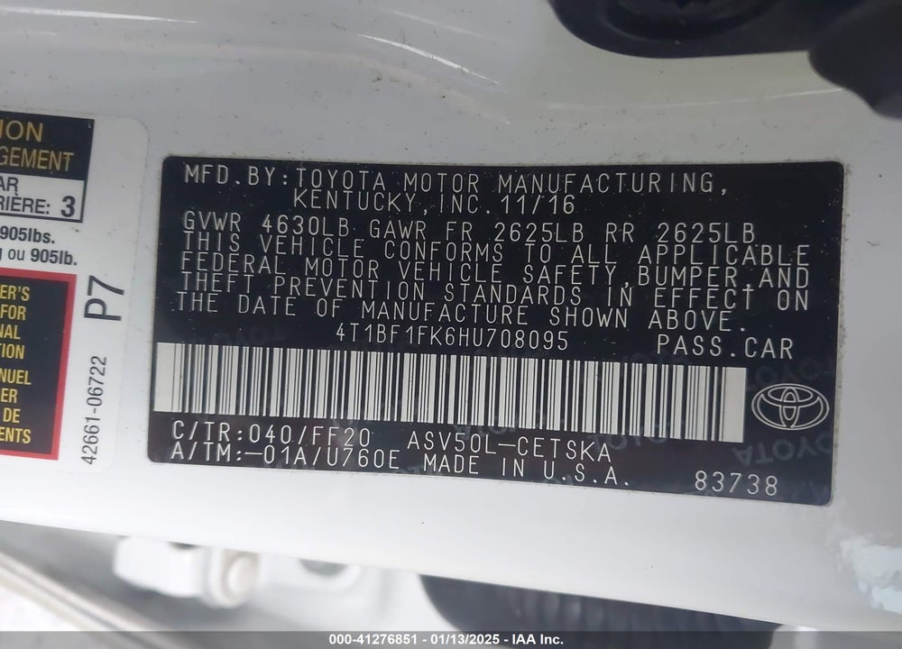 2017 TOYOTA CAMRY VIN: 4T1BF1FK6HU708095