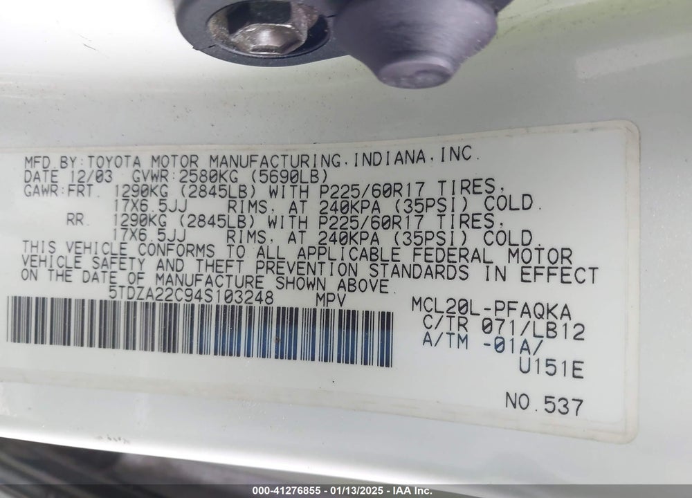 2004 TOYOTA SIENNA XLE LIMITED VIN: 5TDZA22C94S103248