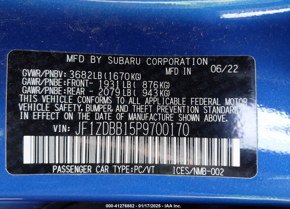 2023 SUBARU BRZ VIN: JF1ZDBB15P9700170