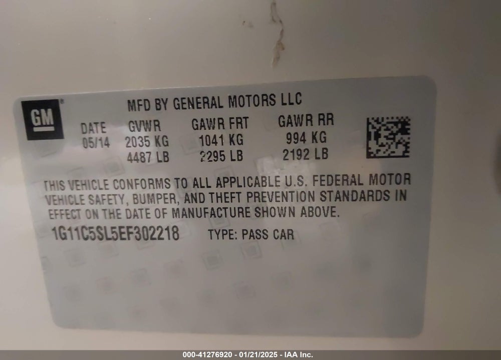 2014 CHEVROLET MALIBU 1LT VIN: 1G11C5SL5EF302218