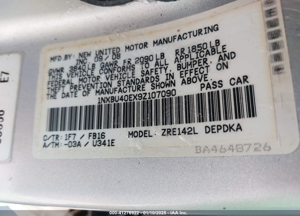 2009 TOYOTA COROLLA LE VIN: 1NXBU40EX9Z107090