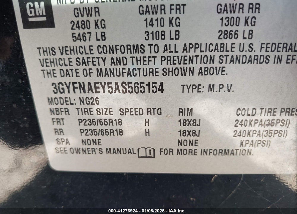 2010 CADILLAC SRX LUXURY COLLECTION VIN: 3GYFNAEY5AS565154