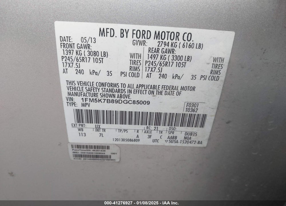 2013 FORD EXPLORER VIN: 1FM5K7B89DGC85009