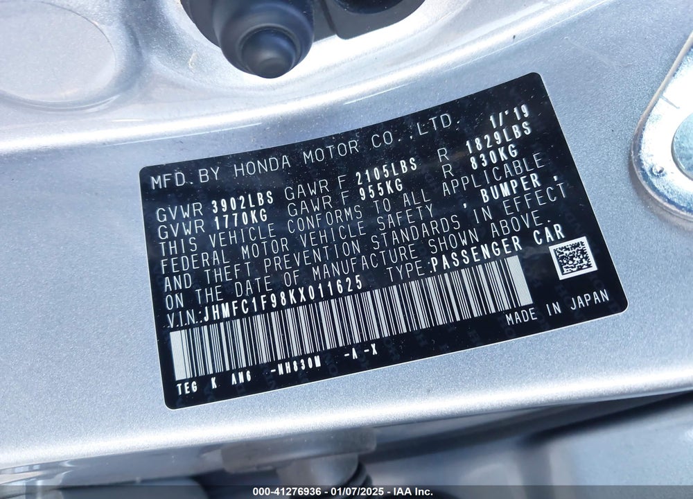 2019 HONDA CIVIC VIN: JHMFC1F98KX011625