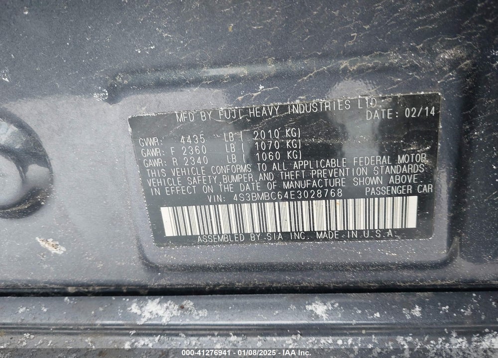 2014 SUBARU LEGACY VIN: 4S3BMBC64E3028768