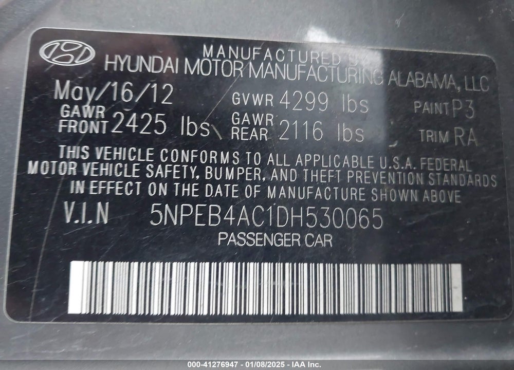 2013 HYUNDAI SONATA VIN: 5NPEB4AC1DH530065