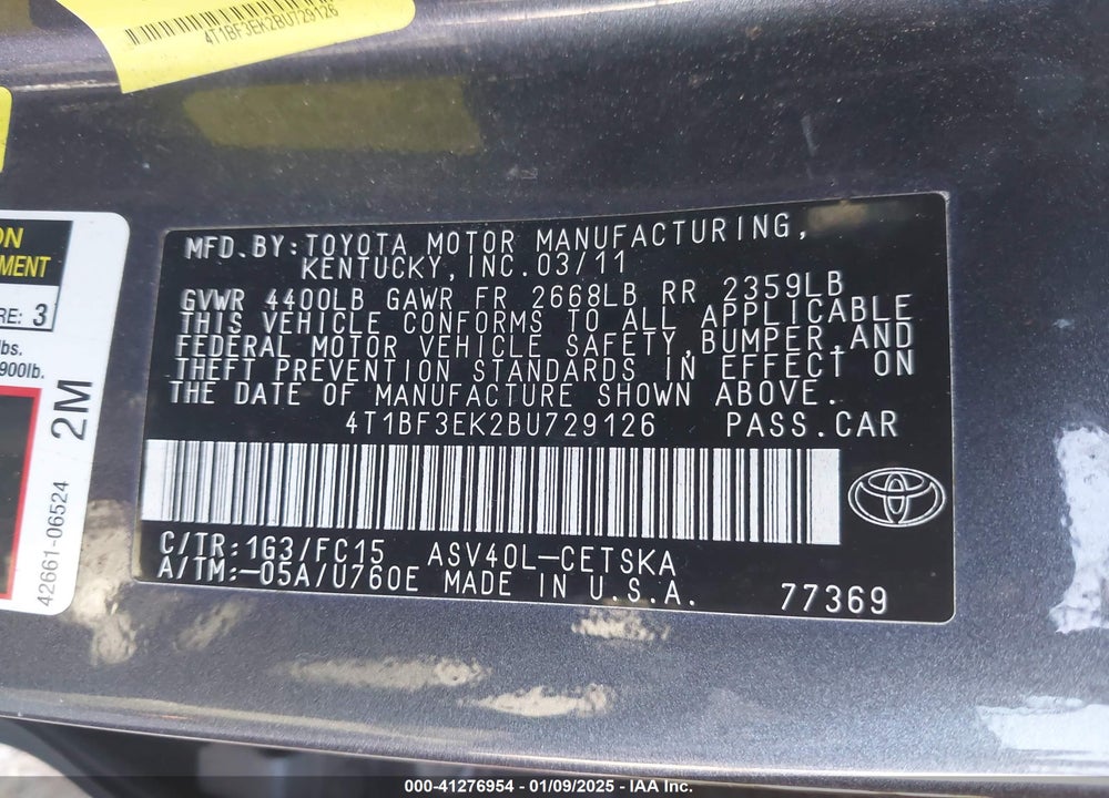 2011 TOYOTA CAMRY SE VIN: 4T1BF3EK2BU729126
