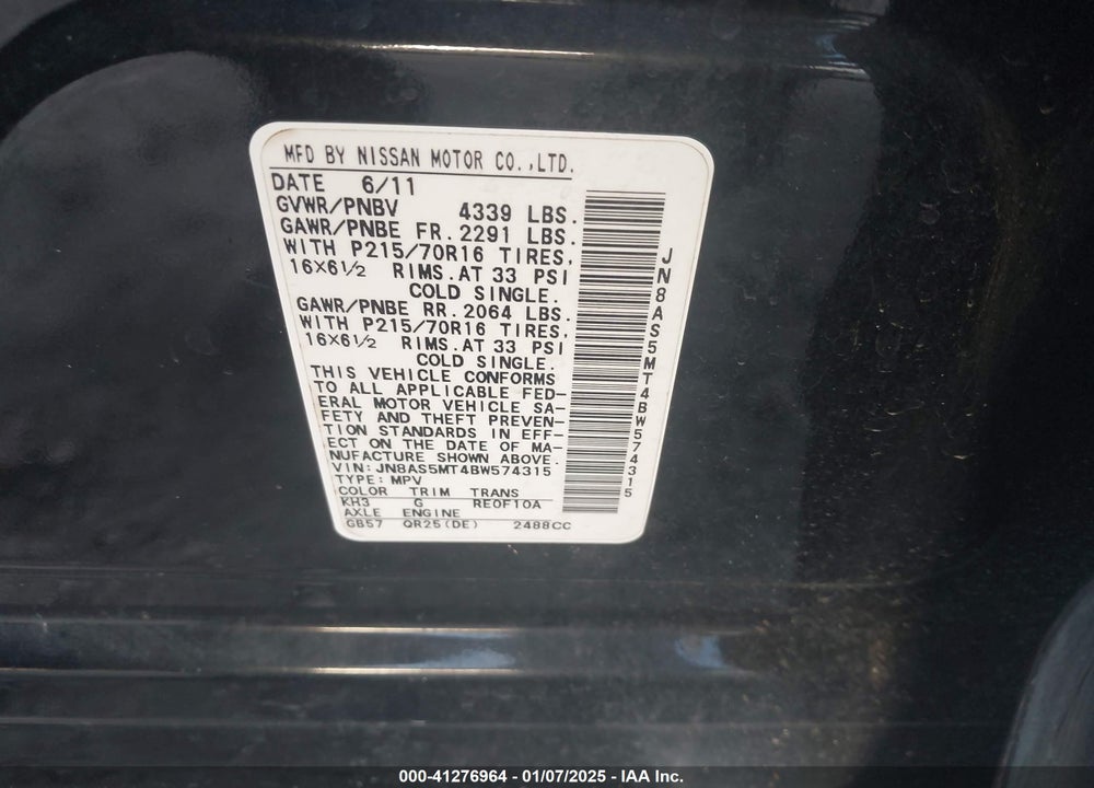 2011 NISSAN ROGUE S VIN: JN8AS5MT4BW574315