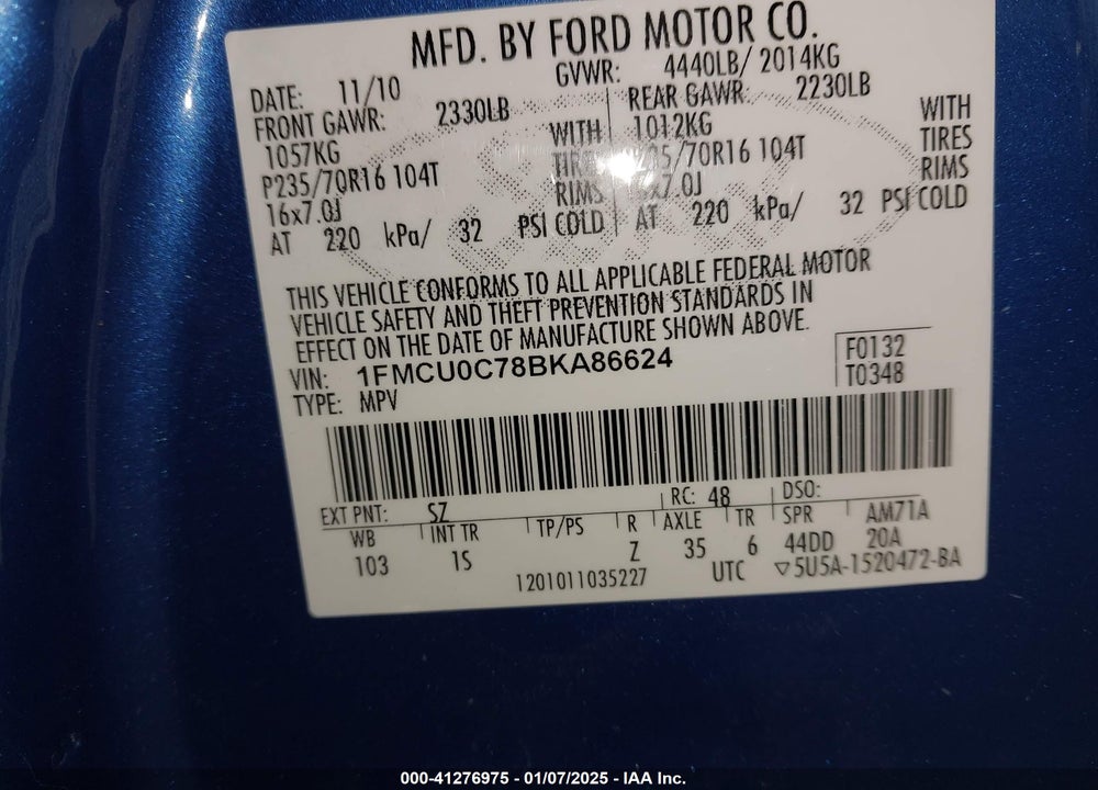 2011 FORD ESCAPE XLS VIN: 1FMCU0C78BKA86624