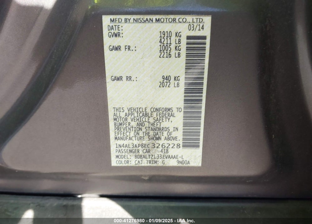 2014 NISSAN ALTIMA VIN: 1N4AL3AP8EC326228