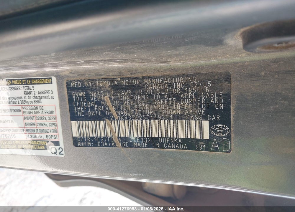 2005 TOYOTA MATRIX/XR VIN: 2T1KR32E25C449301
