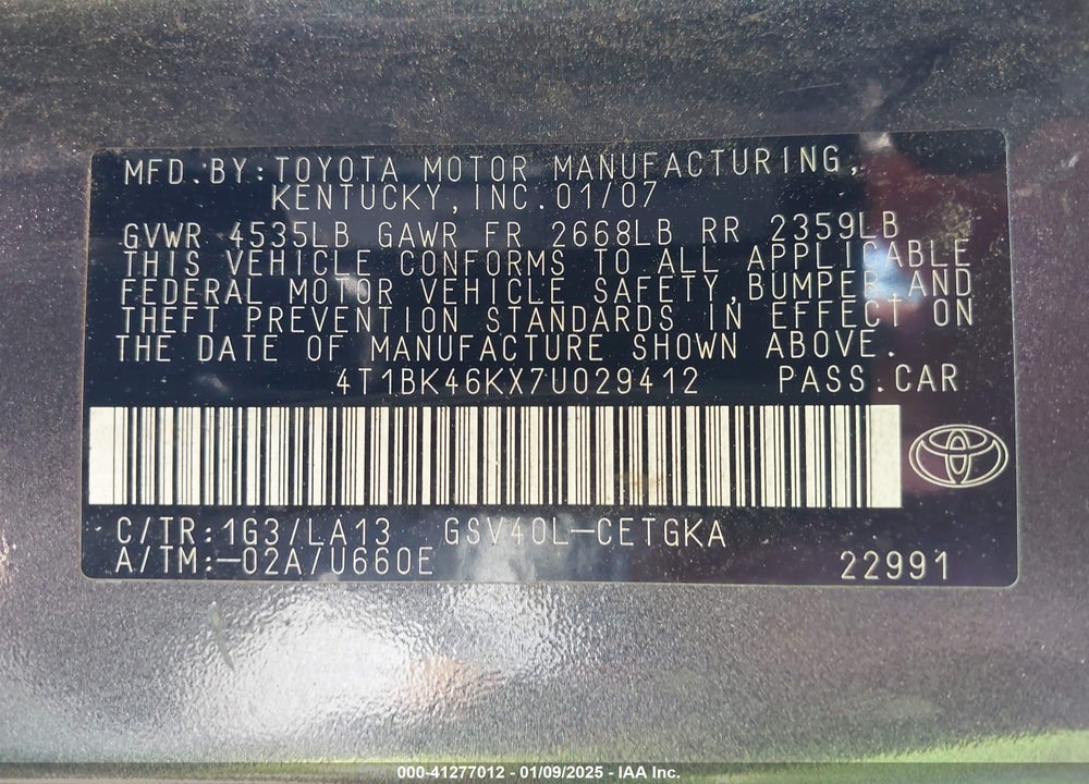 2007 TOYOTA CAMRY VIN: 4T1BK46KX7U029412