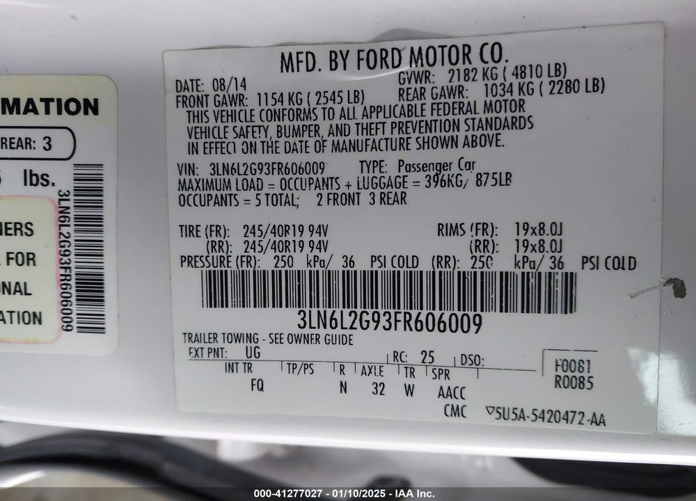 2015 LINCOLN MKZ VIN: 3LN6L2G93FR606009