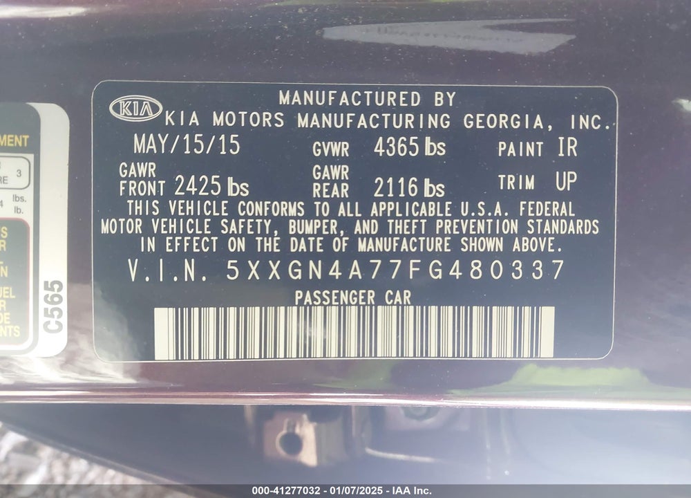 2015 KIA OPTIMA EX VIN: 5XXGN4A77FG480337