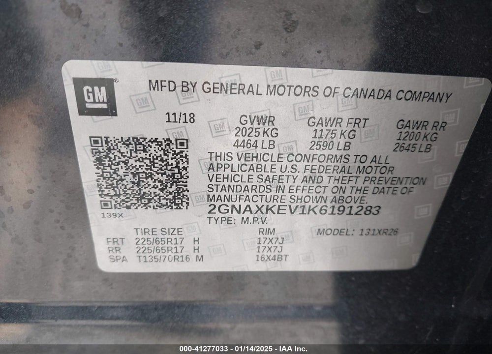 2019 CHEVROLET EQUINOX LT VIN: 2GNAXKEV1K6191283