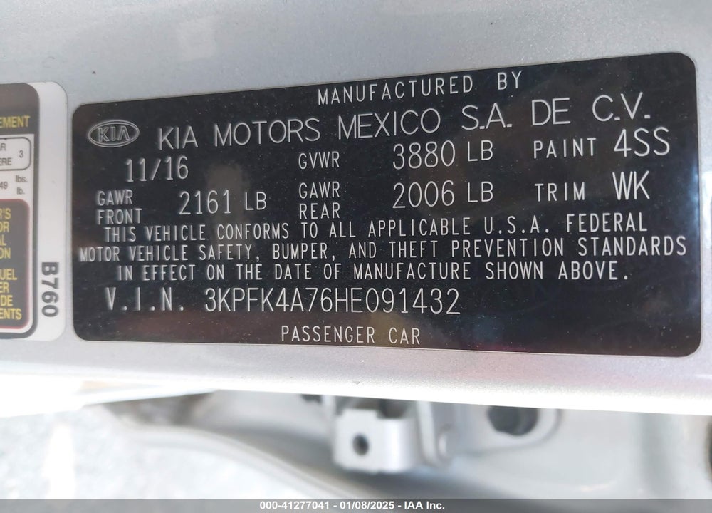 2017 KIA FORTE VIN: 3KPFK4A76HE091432