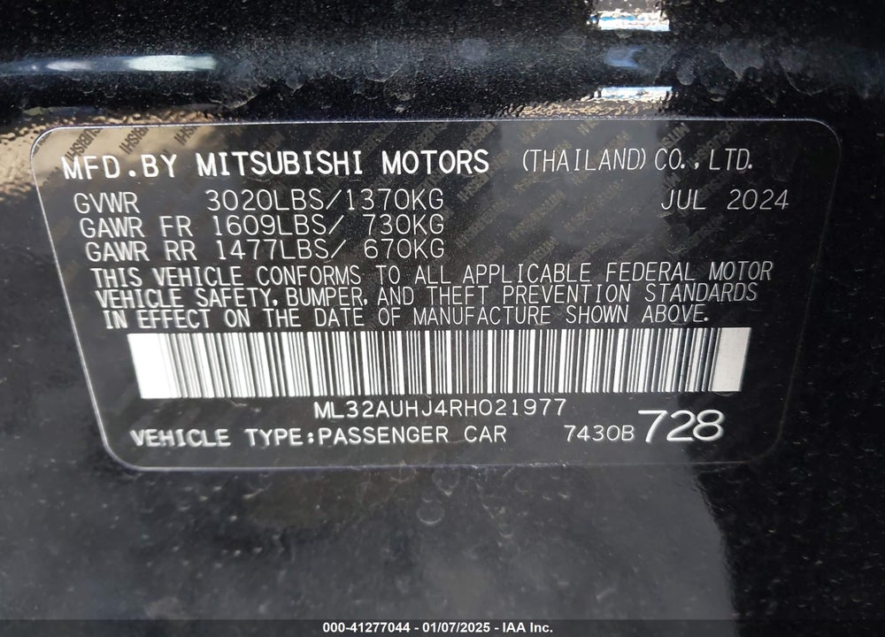 2024 MITSUBISHI MIRAGE ES/LE VIN: ML32AUHJ4RH021977