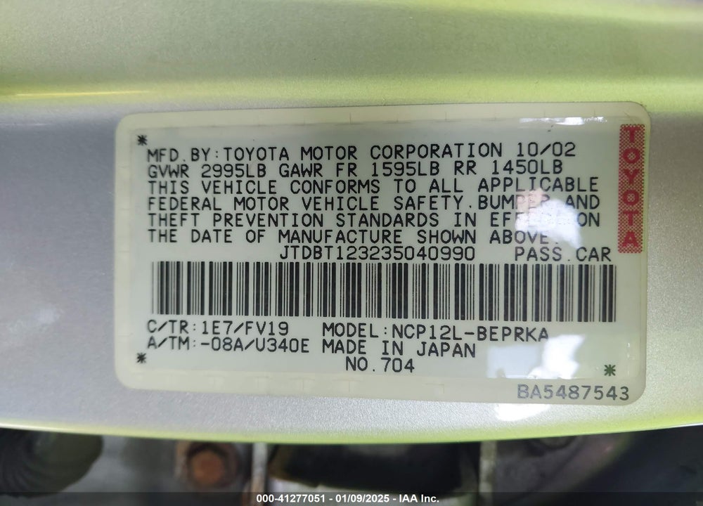 2003 TOYOTA ECHO VIN: JTDBT123235040990