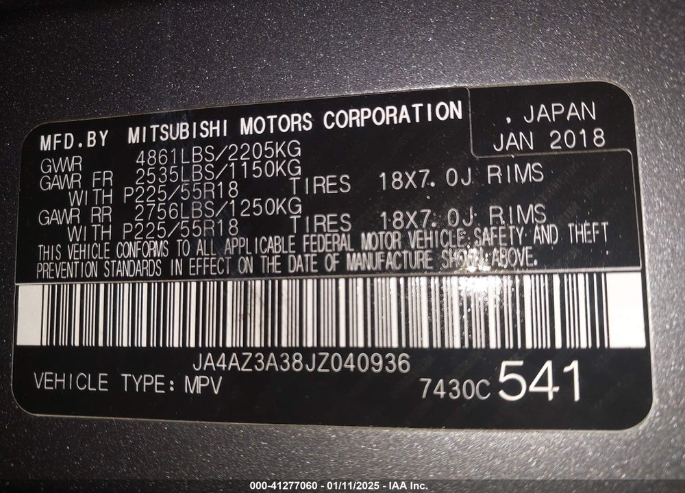 2018 MITSUBISHI OUTLANDER SE VIN: JA4AZ3A38JZ040936