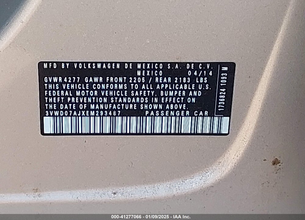 2014 VOLKSWAGEN JETTA VIN: 3VWD07AJXEM293487
