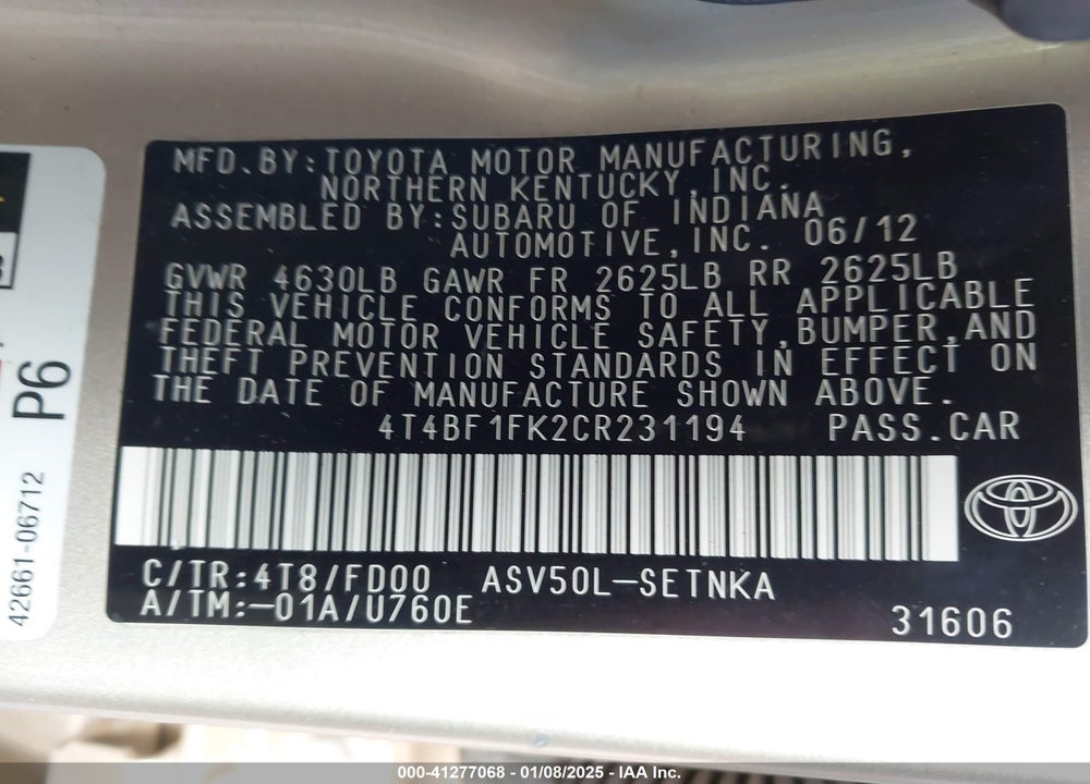 2012 TOYOTA CAMRY LE VIN: 4T4BF1FK2CR231194