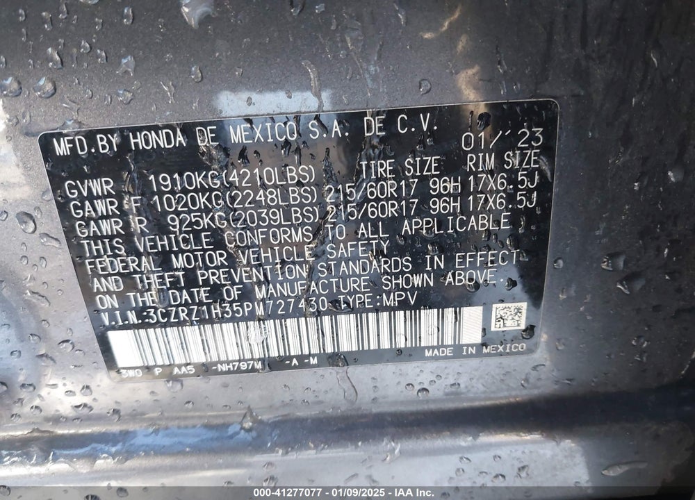 2023 HONDA HR-V VIN: 3CZRZ1H35PM727430